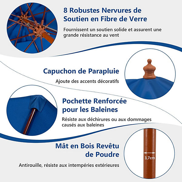 Parasol de Jardin avec Diamètre de Système à Corde pour Contrôler Facilement avec 6 Baleines en Fer Manche Séparable