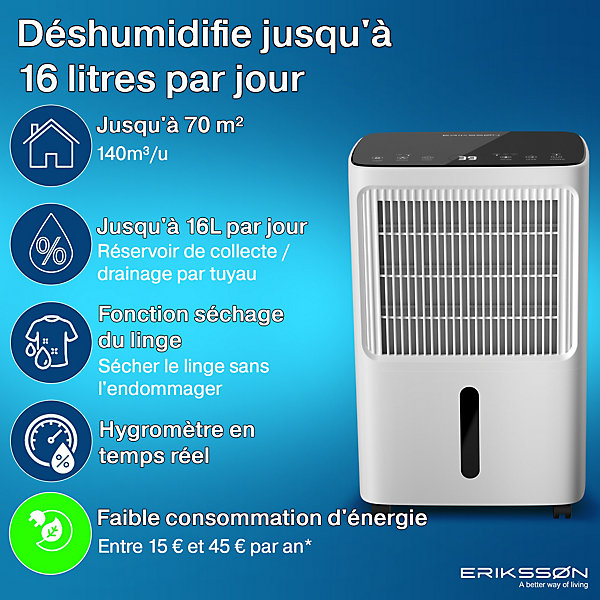 Deshumidificateur - Dry Pro Plus - Blanc - Déshumidifie jusqu'à 16 litres par jour