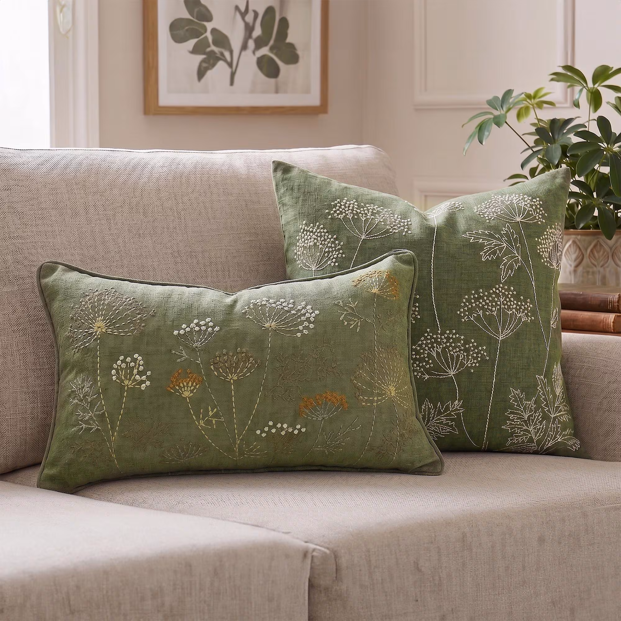 Sage Green Pillow Cover, Wildflower Embroidery Botanical Cushion Case, Lumbar Nature Inspired Home Decor