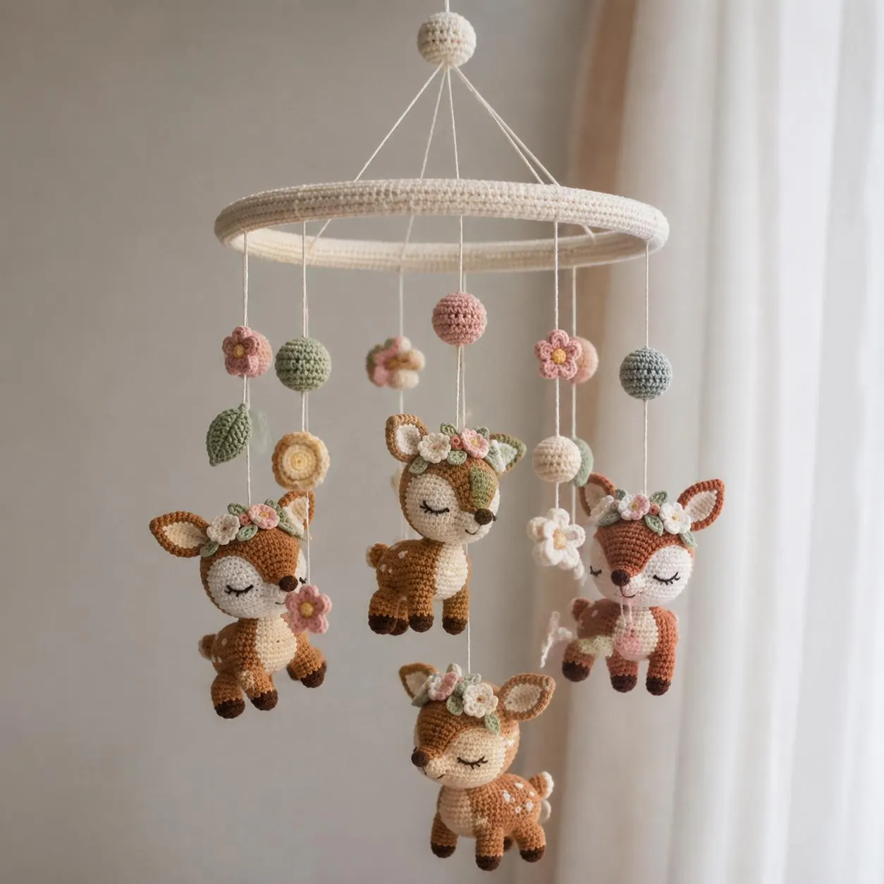 Crocheted Deer Mobile with Floral Halos, Woodland Baby Nursery Decor