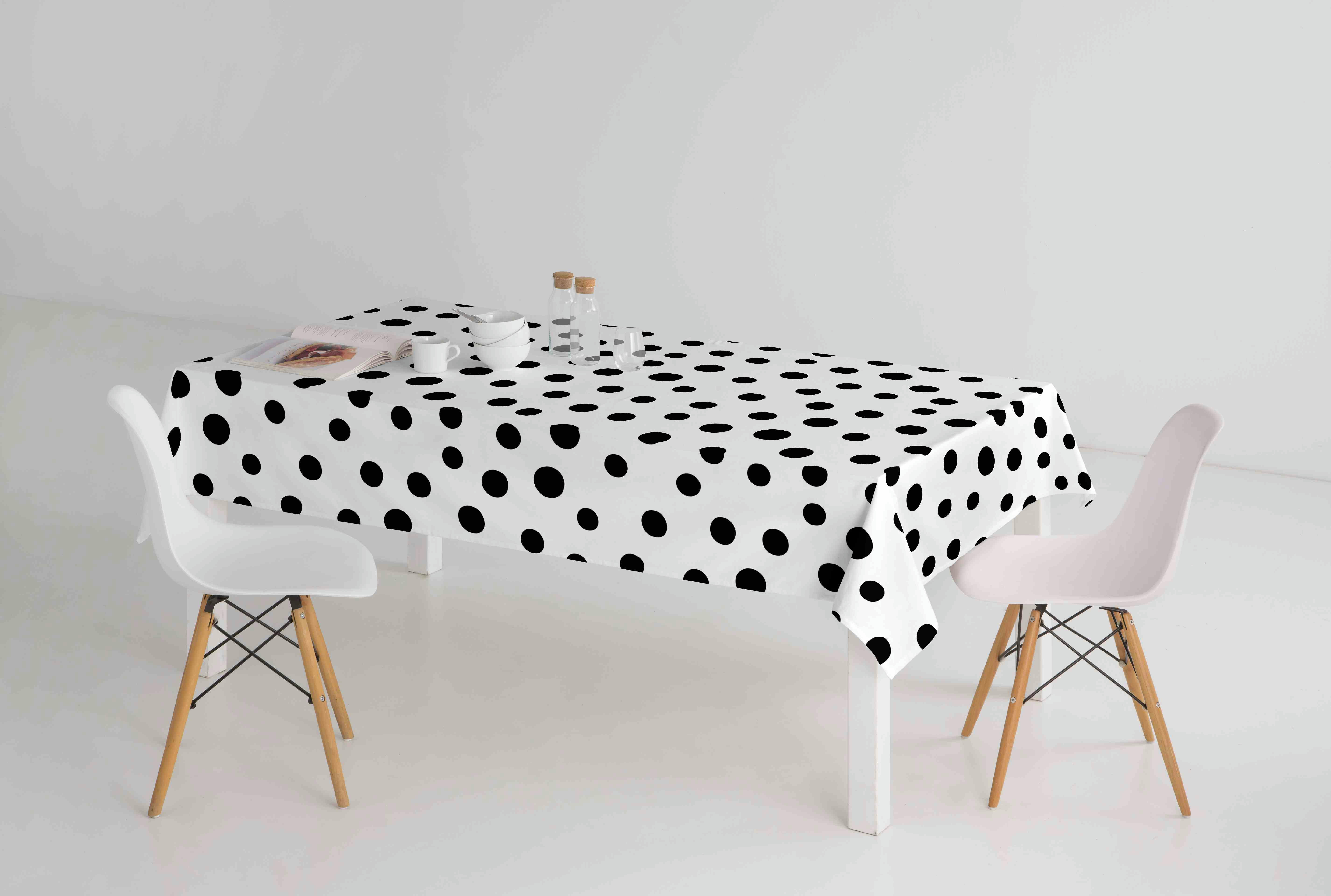 CONFETTI BLACK/WHITE - Nappe imprimée blanc avec traitement anti-taches en coton 140x140 cm