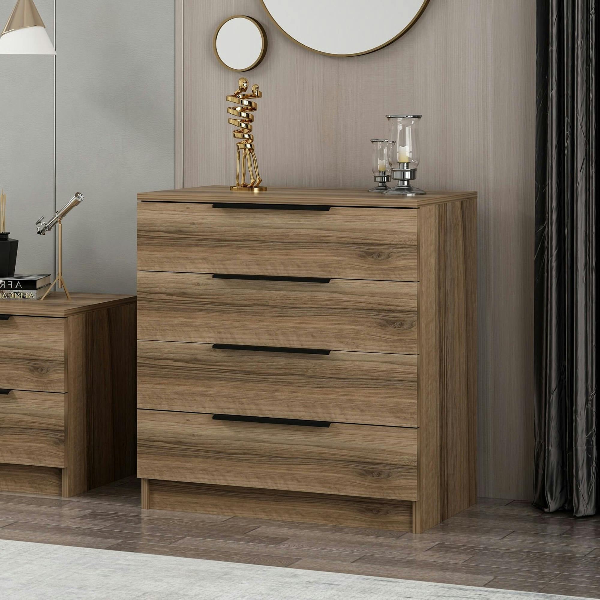 Petite commode moderne 4 tiroirs effet bois de noyer BYRON
