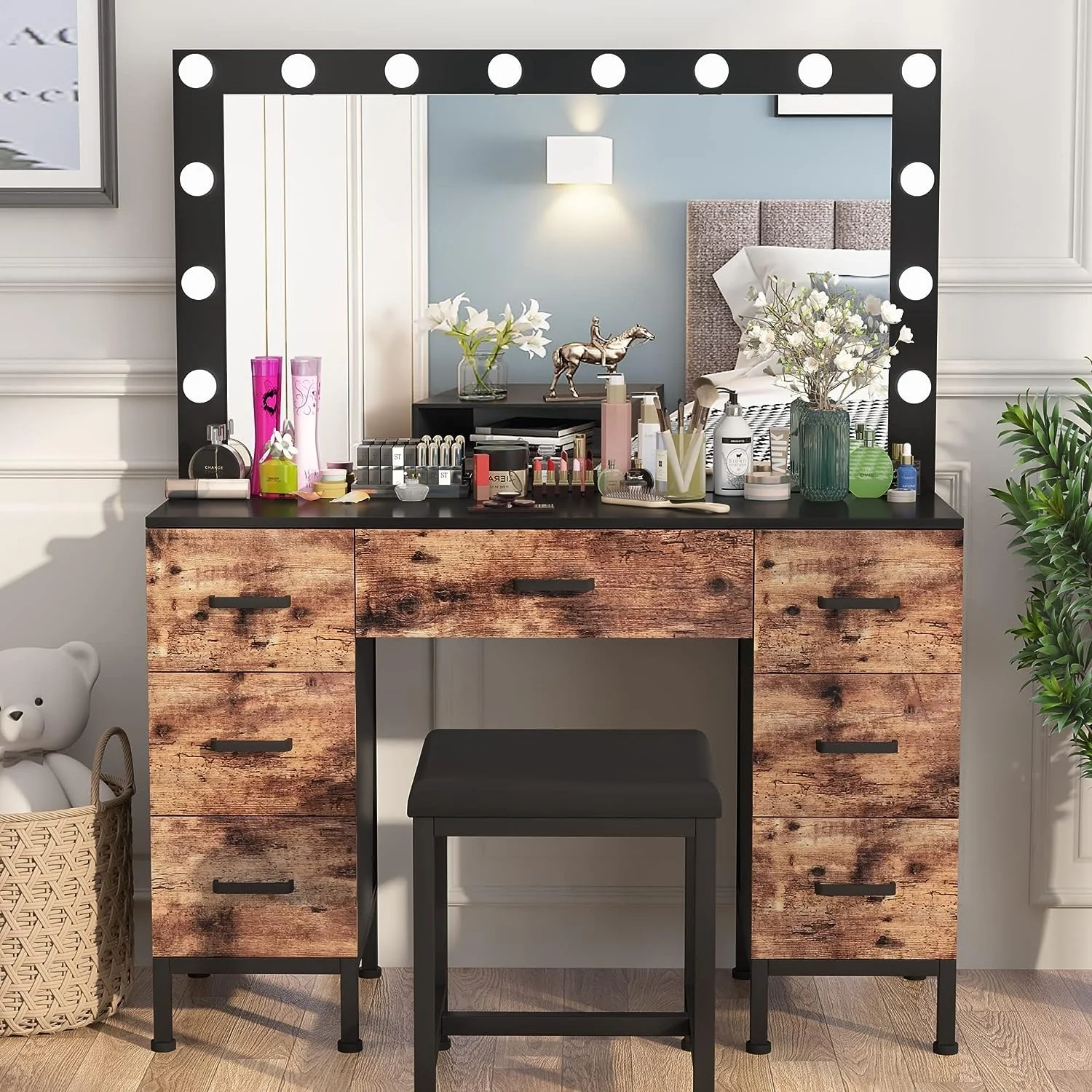44'' Makeup Vanity with 14PCS LED Bulbs, Cushioned Stool & 7 Drawers