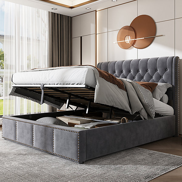 Lit 140x190 cm tapissé velours gris avec coffre de rangement et tête de lit 103 cm cloutée