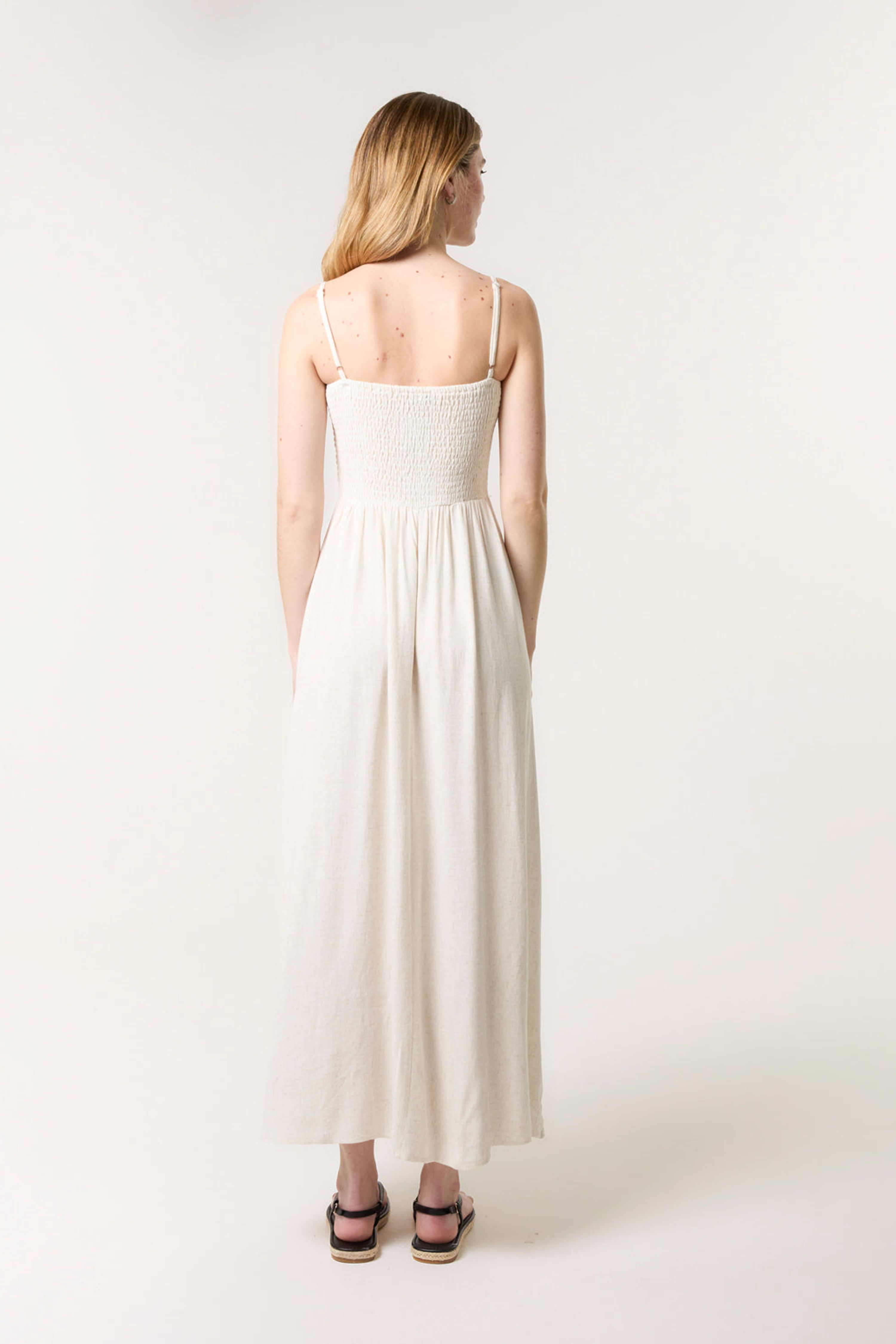 Blue Vanilla Off White Shirred Bandeau Linen Maxi Dress