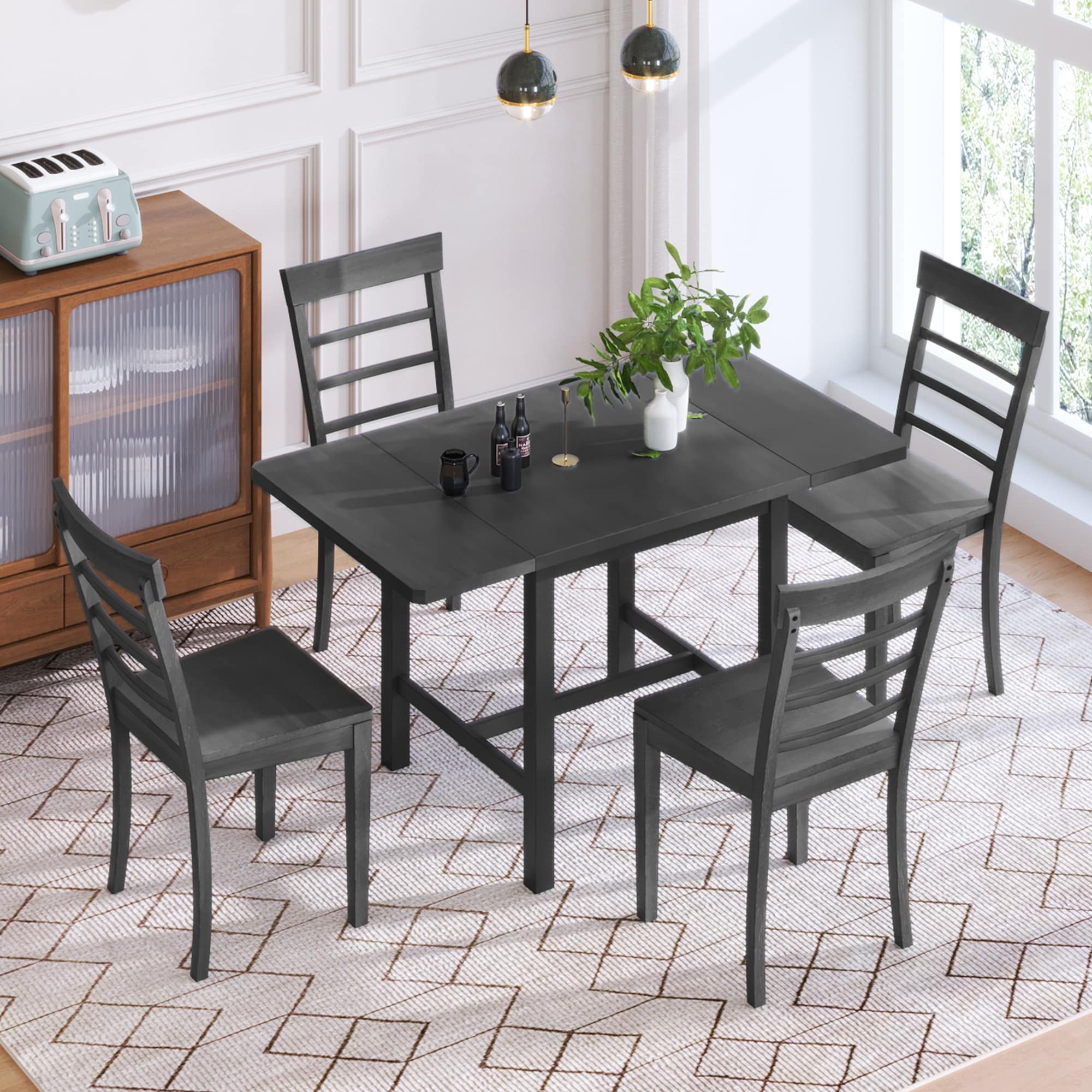 Gray 5-Piece Wooden Dining Table Set with Square Drop Leaf Table & 4 Chairs