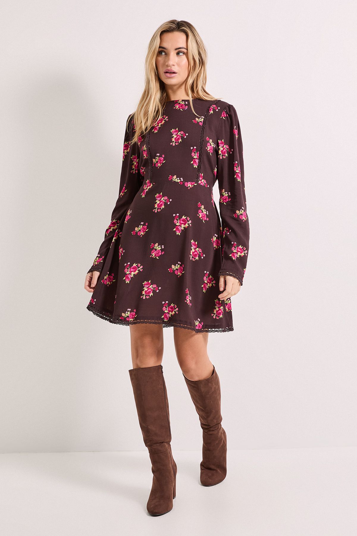 Dorothy Perkins Chocolate Ditsy Lace Trim Detail Tie Back Printed Mini Dress