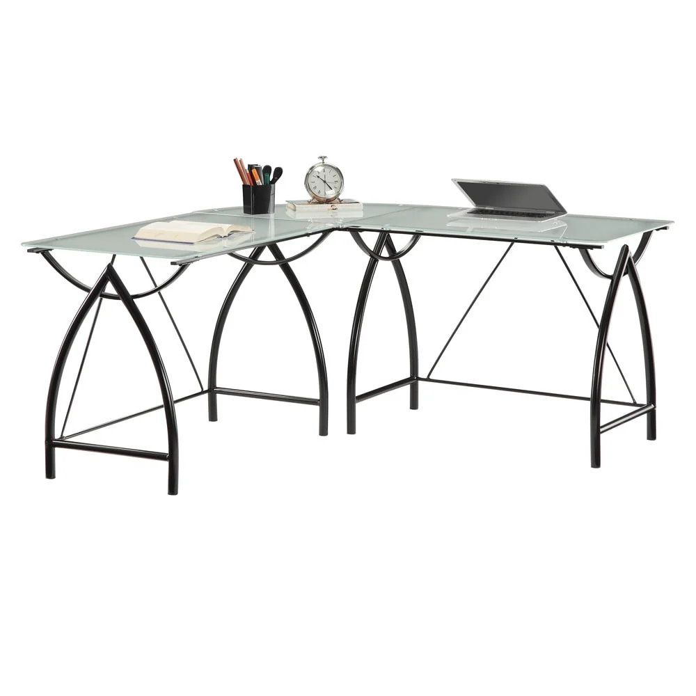 L-shaped Black Frosted Glass/ Metal Corner Desk