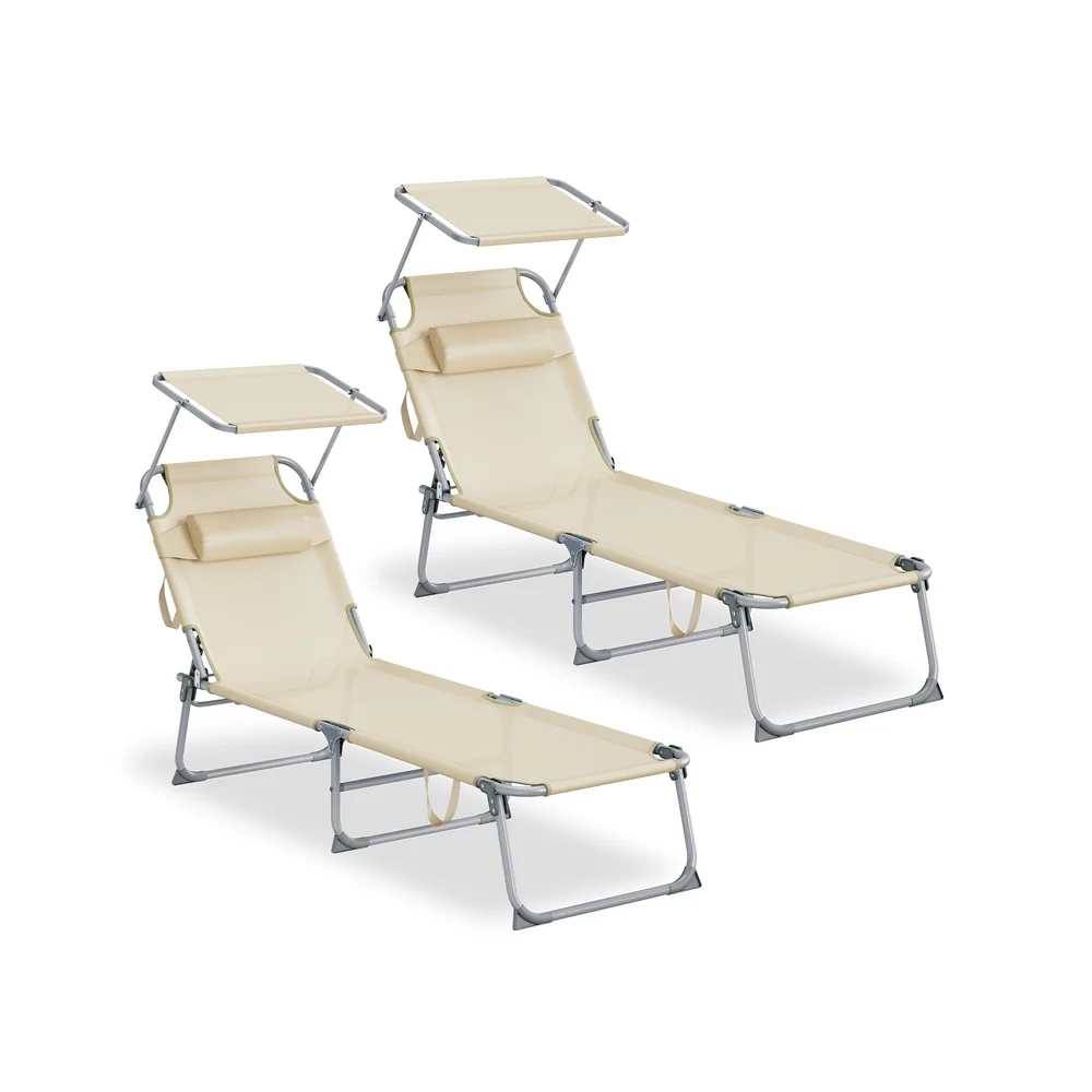 Chaise Longue Pliante 2 Pièces avec Appui-Tête