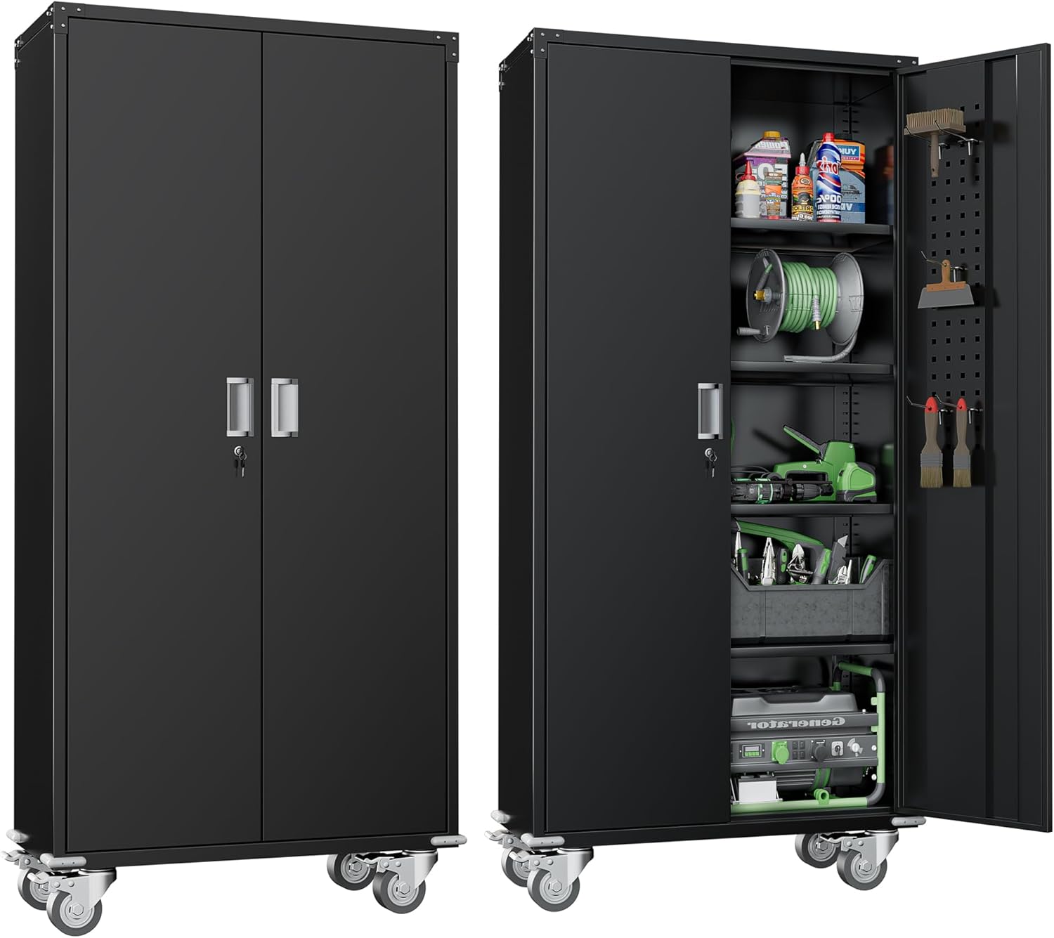 Greenvelly Metal Storage Cabinet with Wheels,72 Black Garage Storage Cabinet with Pegboards and Wheels, Rolling Tool Cabinet with Locking Doors and Shelves for Home,Basement, Kitchen
