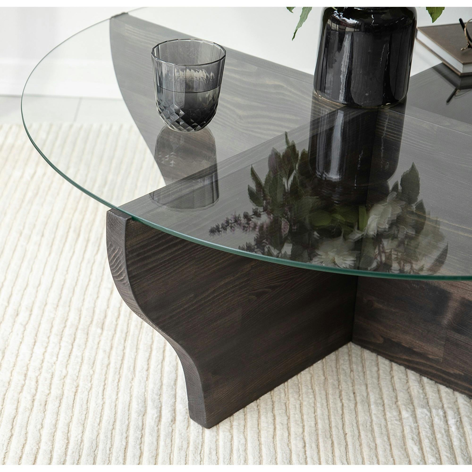 Table basse en verre et bois gris foncé - pied en X, ANZIO