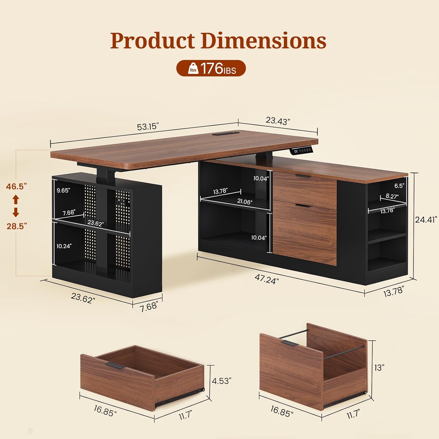L Shaped Standing Desk Adjustable Height, 53 Electric Office Desk with File Drawers & Storage Shelves, Sit Stand Corner Computer Desk with Power Outlets, Pegboard, 6 Hooks, Black & Walnut