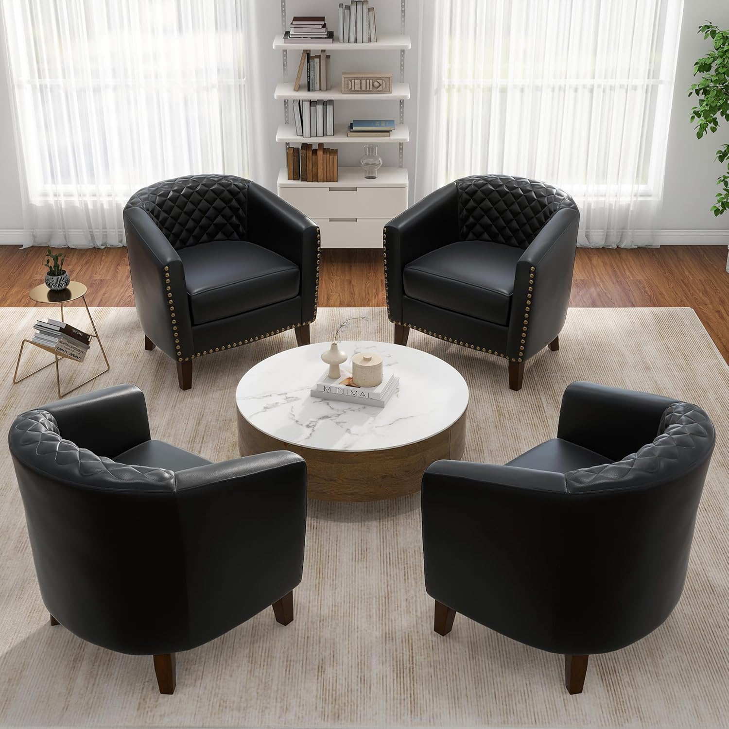 Pia Ricco Faux Leather Barrel Accent Chairs Set of 4, Modern Club Arm Chair Comfy Upholstered Single Sofa Chair with Solid Wood Legs and Nailhead Trim for Living Room/Reading Room, Black