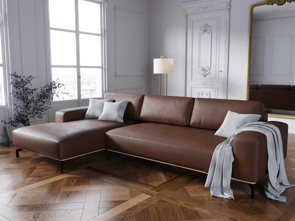 MARC - Canapé d'angle 5 places en cuir cognac
