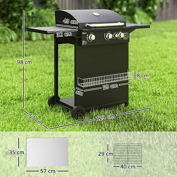 Barbecue gaz 3 1 brûleurs avec couvercle 2 roues - 9,5 kW - 2 grilles chromées, étagères latérales, thermomètre - noir