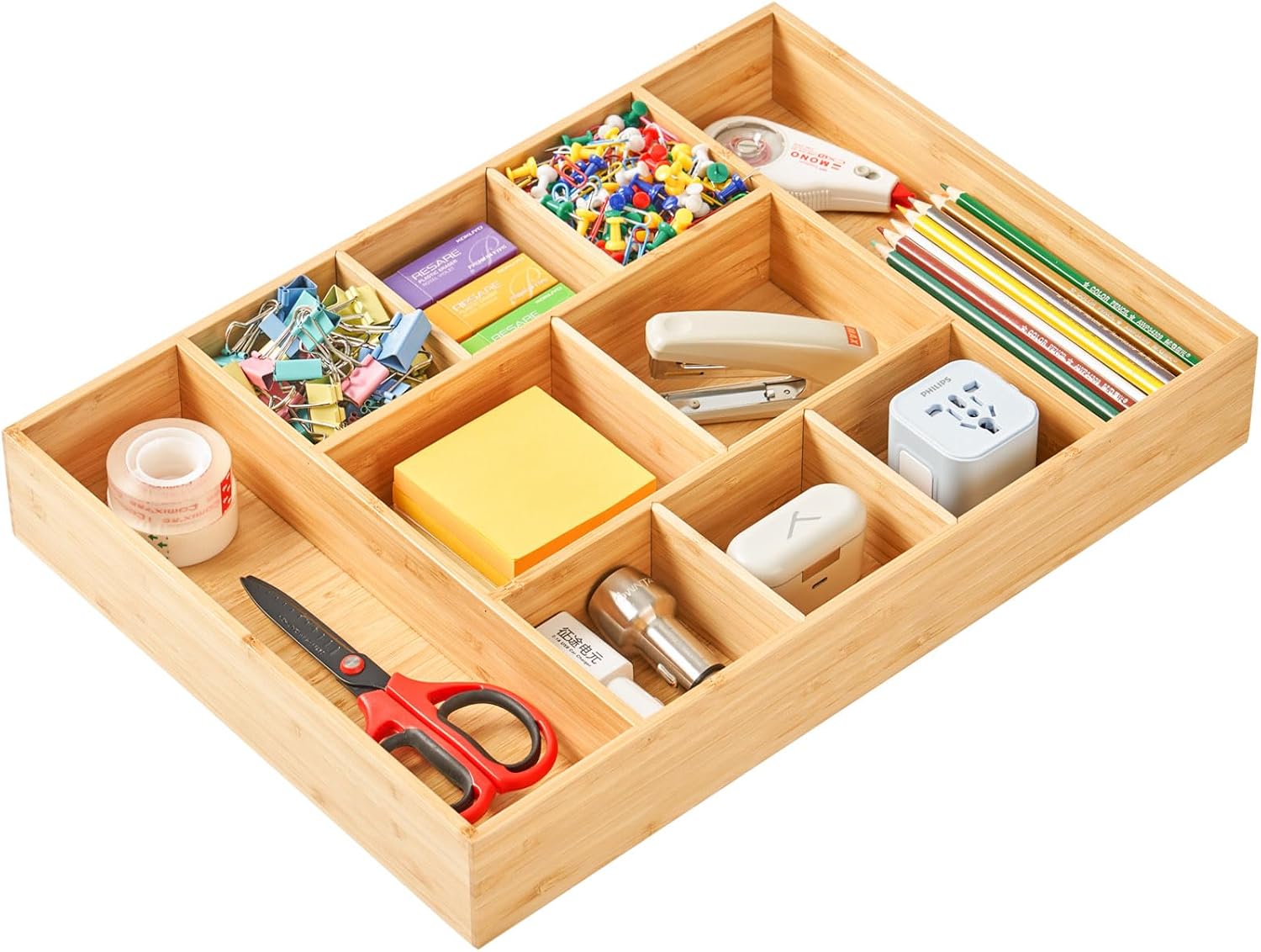 Umilife Extra Large Bamboo Desk Drawer Organizer, Wood Junk Organizer Tray with Adjustable Dividers, Anti-Skip Storage Organization in Office Bathroom Drawer for Vanity, Makeup, 17 x 12