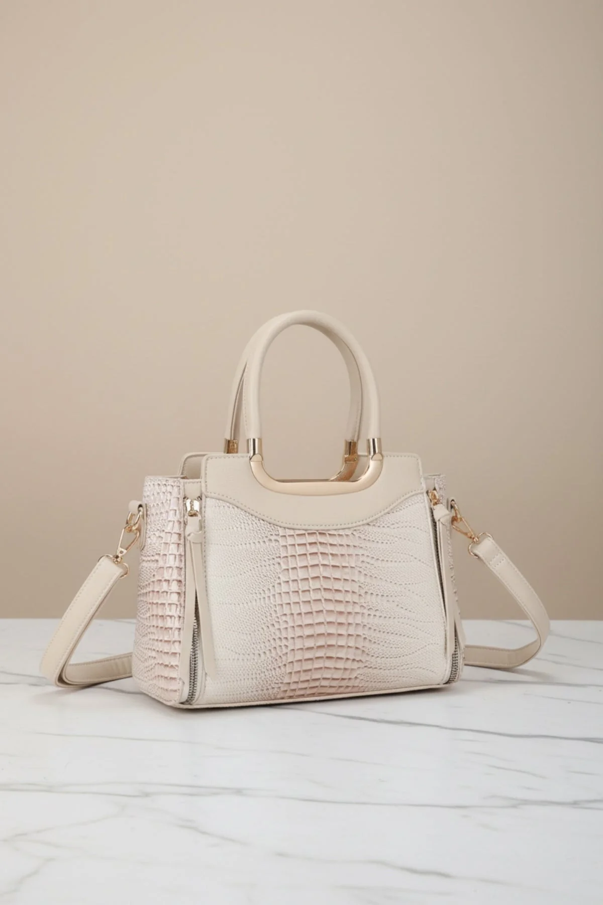 Beige Faux Croc Metallic Tote Bag