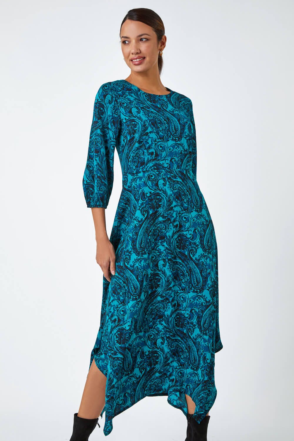 Roman Paisley Print Hanky Hem Midi Dress