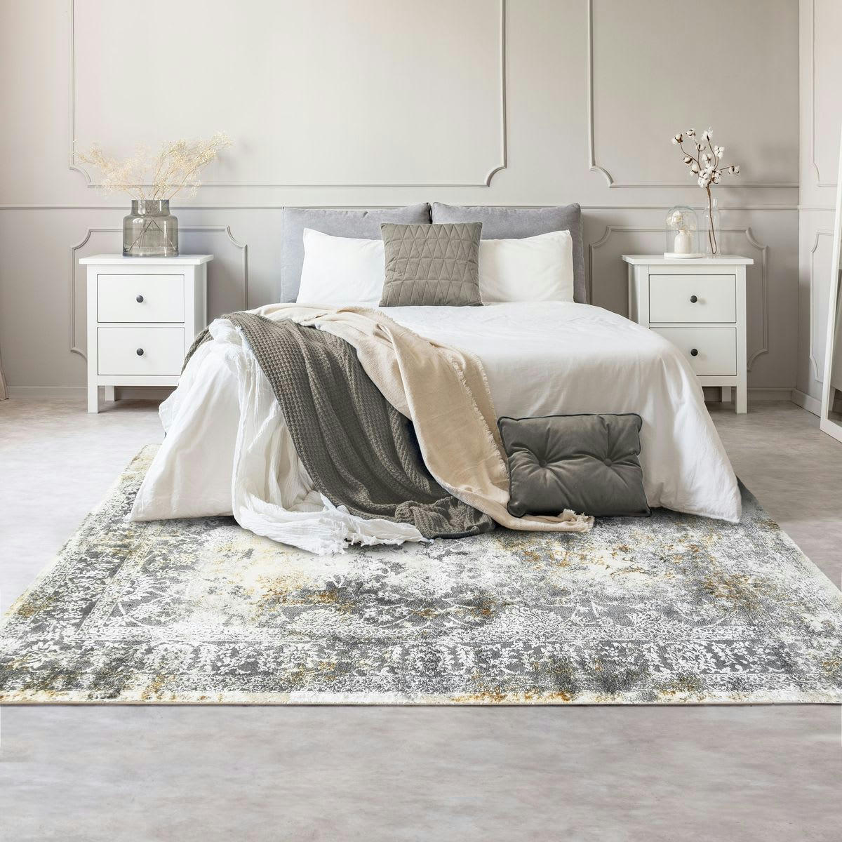 BORGES - Tapis graphique effet usé gris or 120x170