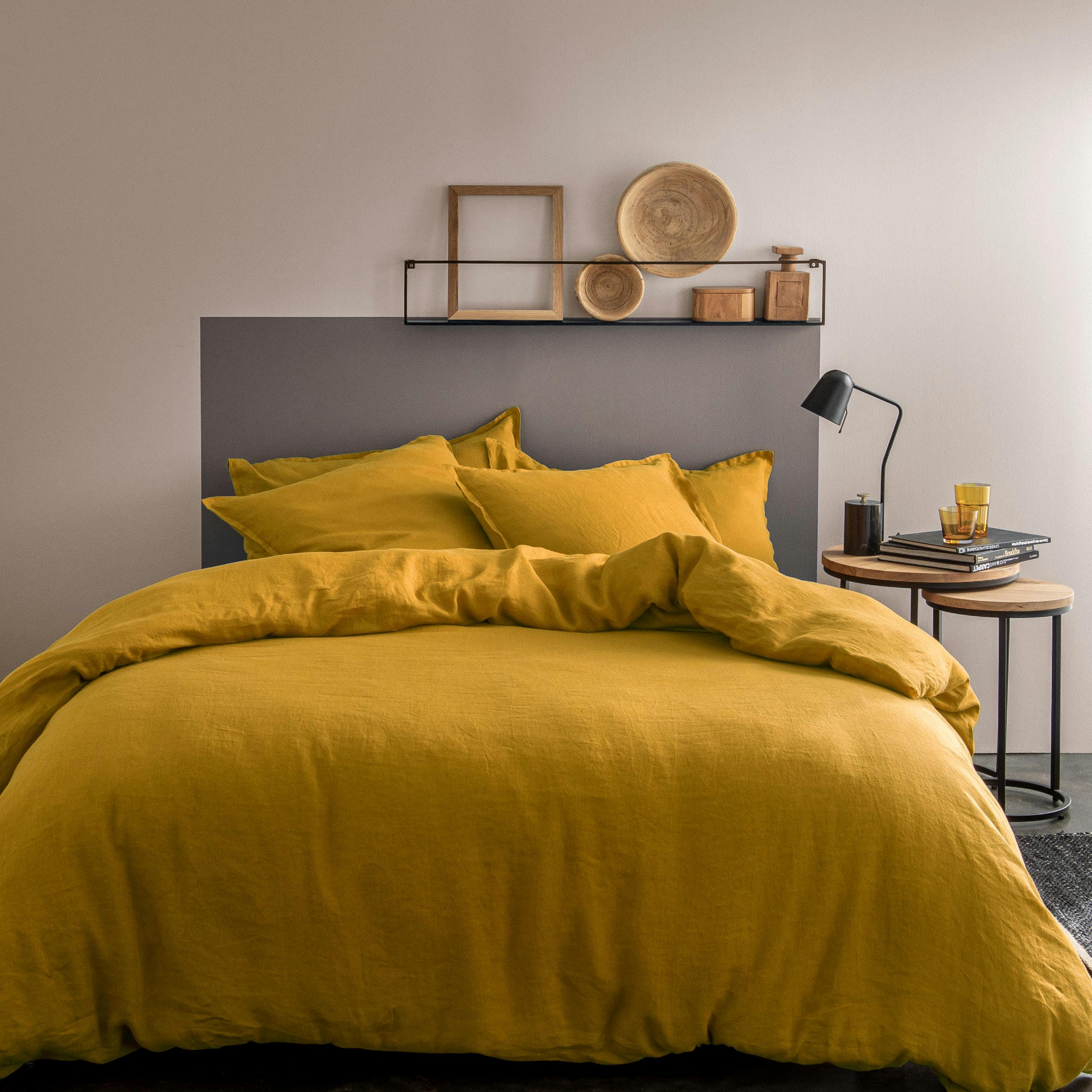 LIN LAVE - Parure de lit unie en lin lavé Safran 240x220+2x65x65cm