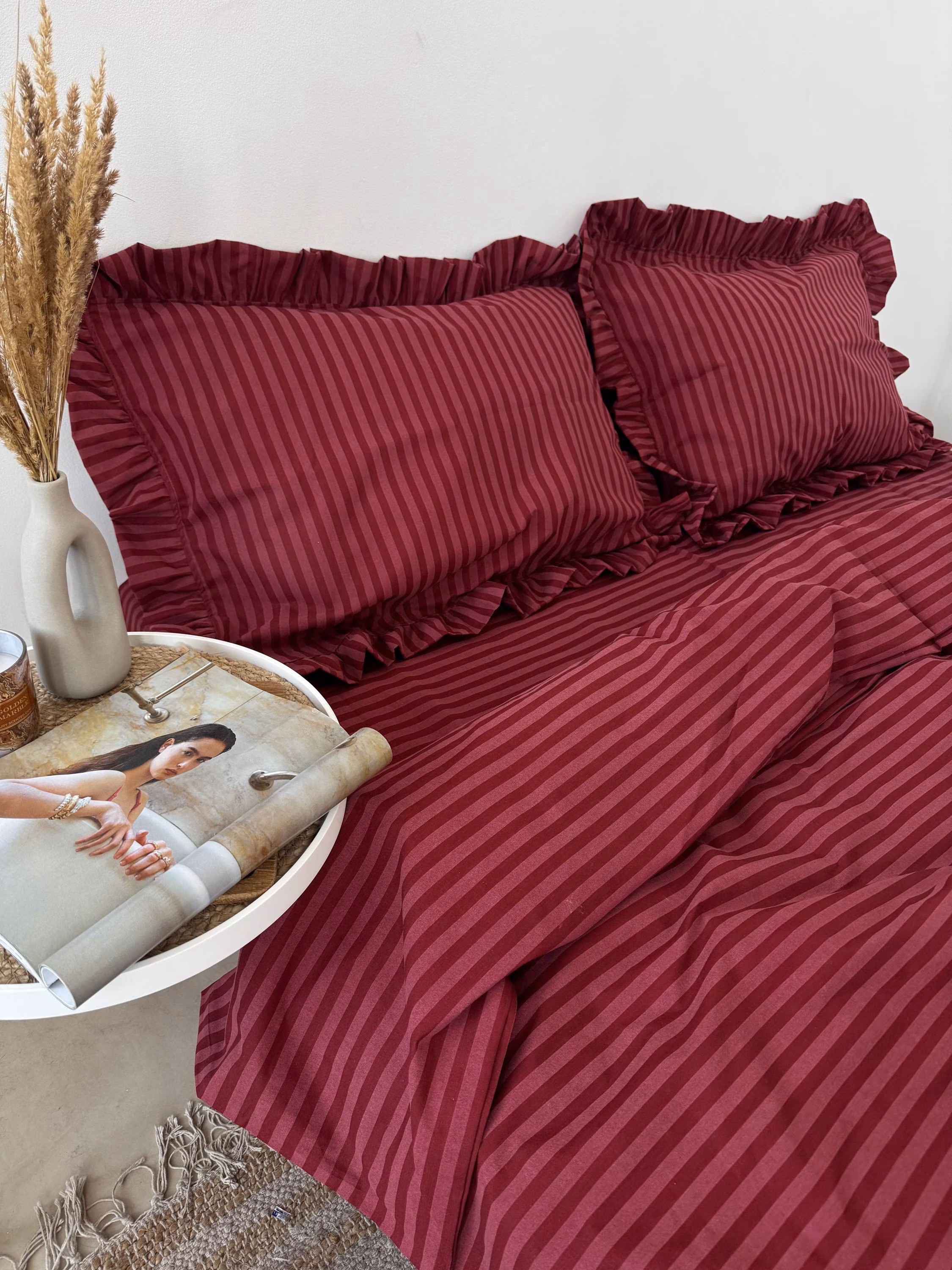 Red Stripe Ruffle Bedding Set: 100 Cotton Duvet Cover, Pillowcases, Sheet
