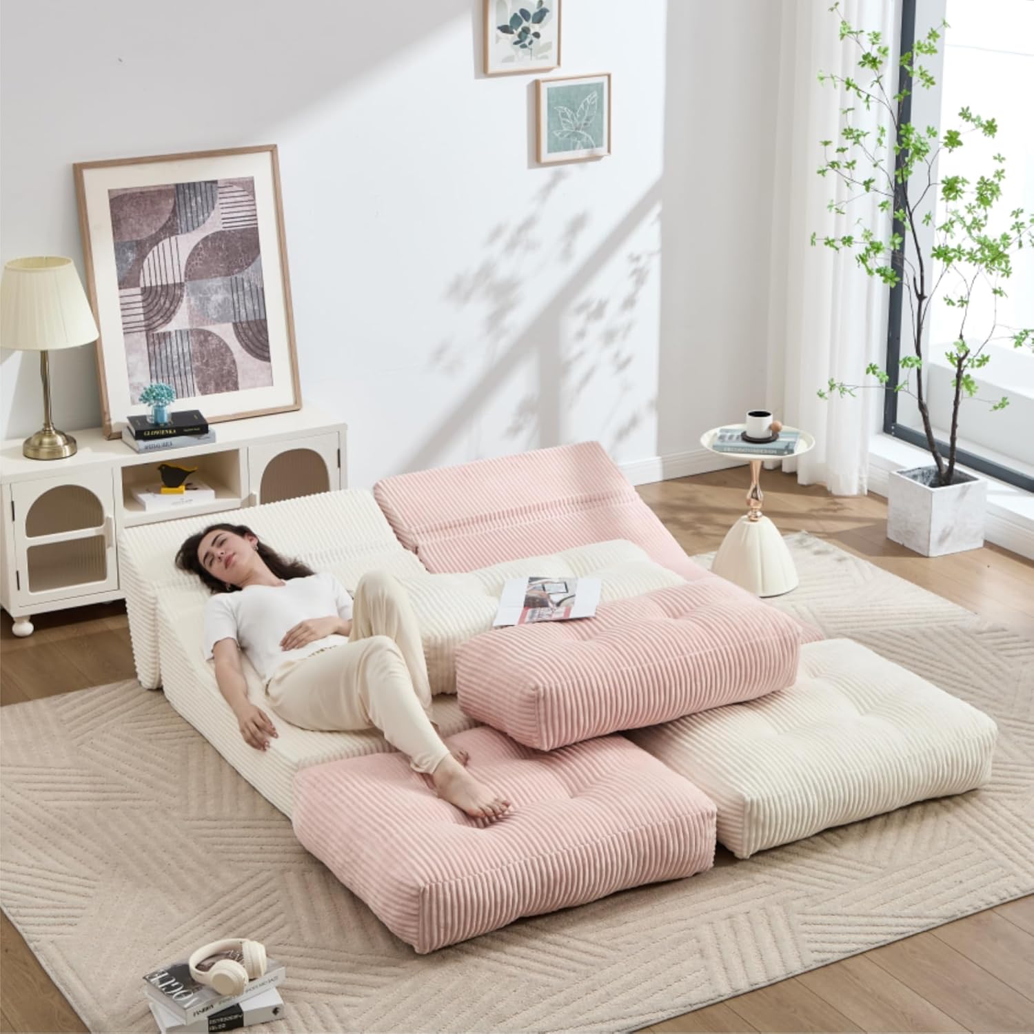 Tbfit 35.8‘’ Oversized Folding Sofa Bed, Convertible Sleeper Chair with Adjustable Back, Corduroy Folding Couch Bed, Portable & Foldable Mattress Boneless Floor Sofa for Living Room, Bedroom, White