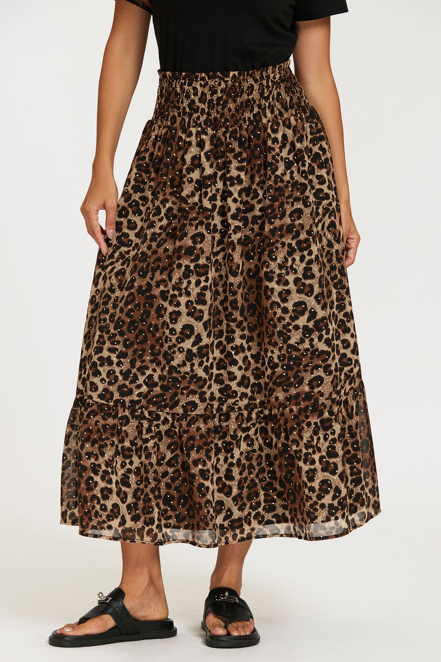 FS Collection Gold Foil Leopard Print Midi Skirt In Brown