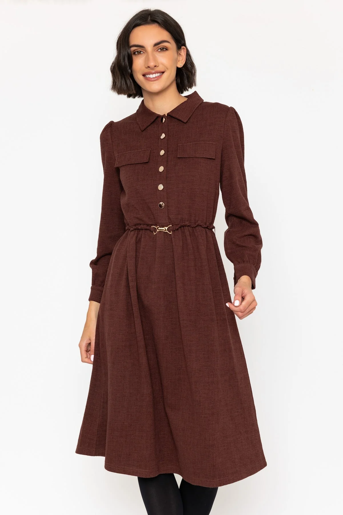 Brown Utility Jersey Midi Dress with Long Sleeves