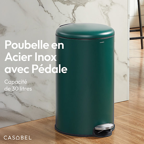 CASABEL Poubelle Cuisine 30L - 100% Acier Inoxydable, Anti-Traces de Doigts, Corbeille Ronde avec Pédale et Couvercle, Vert
