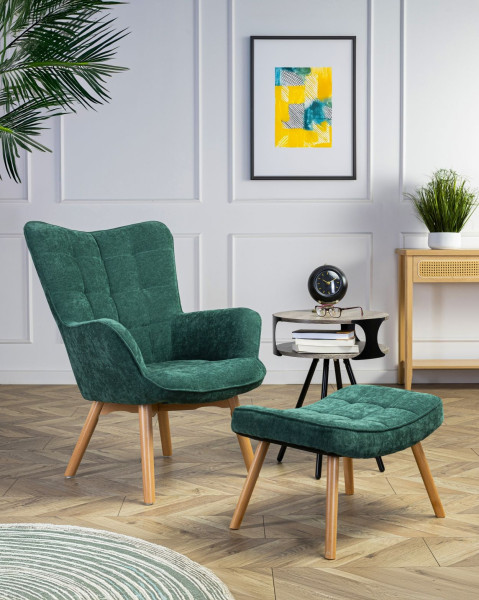 Fotel z podnóżkiem Grella Bottle Green uszak do salonu Glam