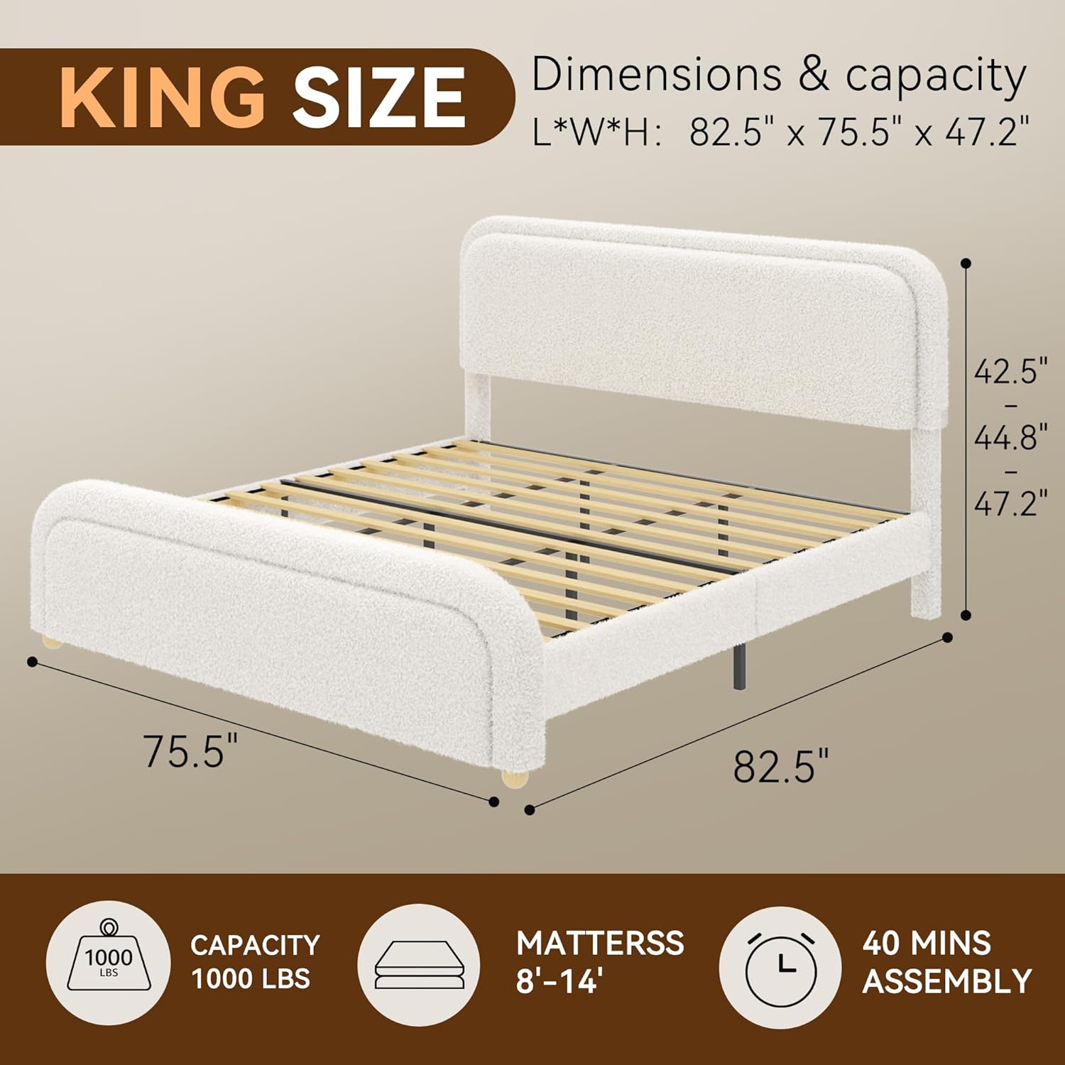 Cloud King Size Bed Frame, Boucle Upholstered Platform Bed with Adjustable Headboard, Anti-Collision Soft Rounded Corners, Metal Support, No Box Spring Required, Noise Free, Easy Assembly, Cream