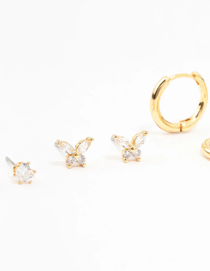 Gold Plated Brass Pave Star & Butterfly Earrings 4-Pack