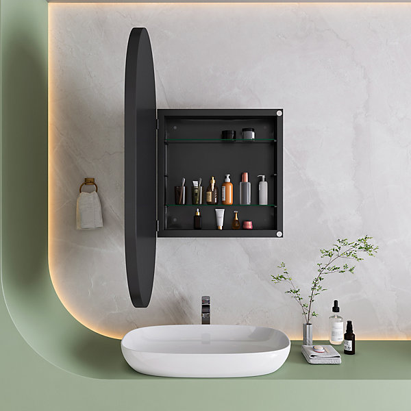 Armoire à Miroir Ovale Murale avec Cadre Métallique Noir - Meuble de Salle de Bain avec étagères Réglables, 51.5x85 cm, Noir