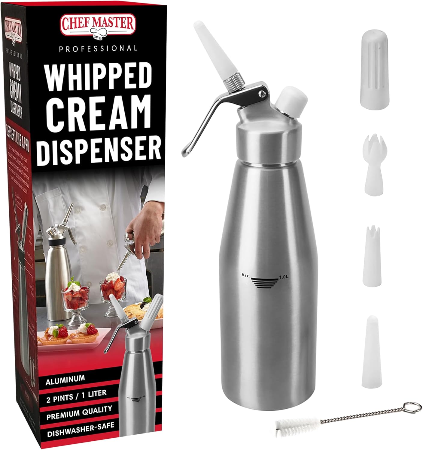 Chef Master (2 Pint / 1 Liter) Aluminum Whipped Cream Dispenser - Decorating Tips for Desserts, Coffee, Latte + Cleaning Brush - Whip Cream Dispenser Canister for Home, Bakery or Restaurant - 90077