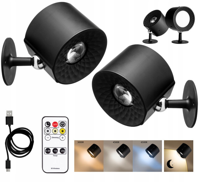 2x Lampa wewnętrzna 360° USB LED ścienna kinkiet 3 barwy 3 moce   tryb noc