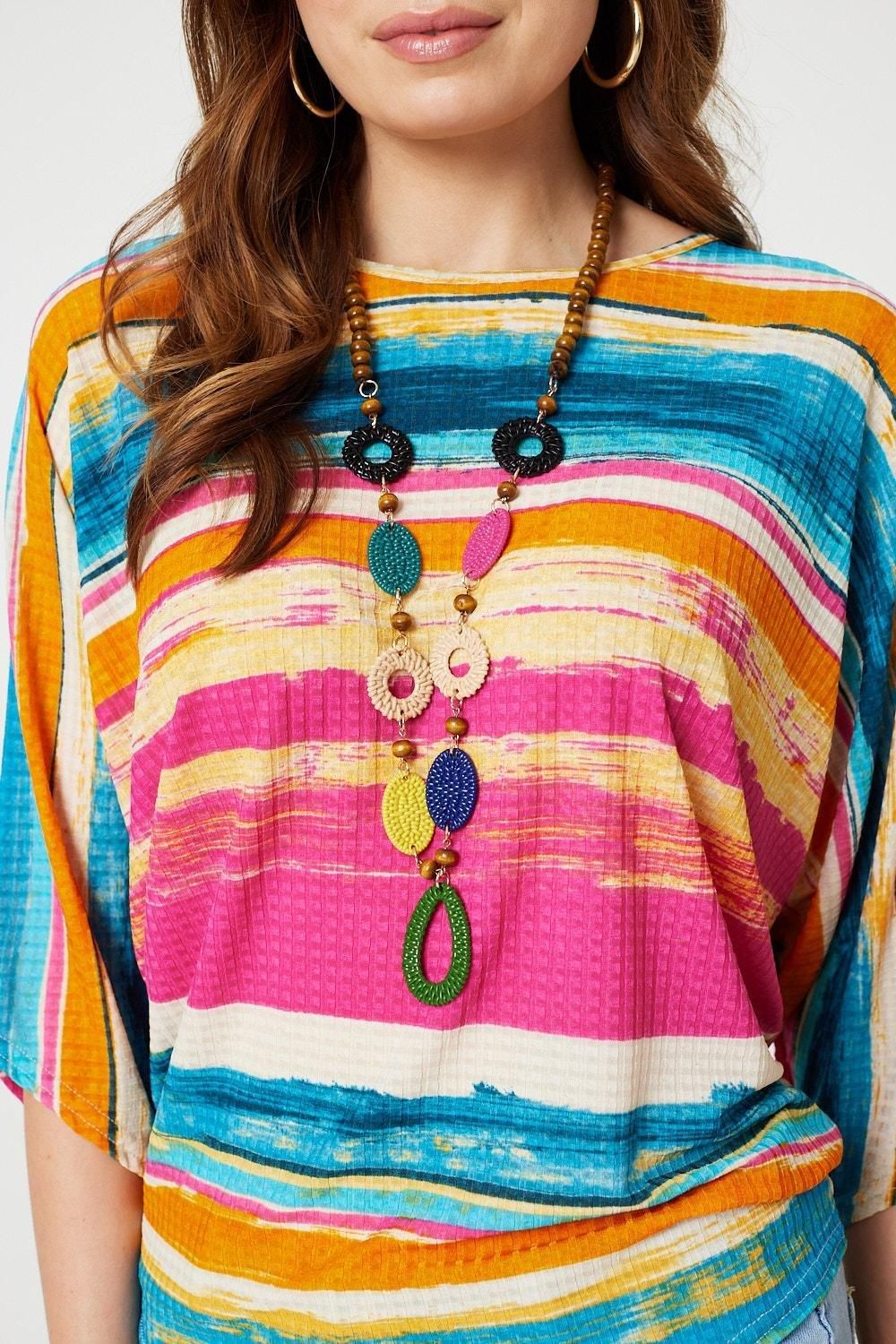 Izabel London Striped Batwing Top with Necklace