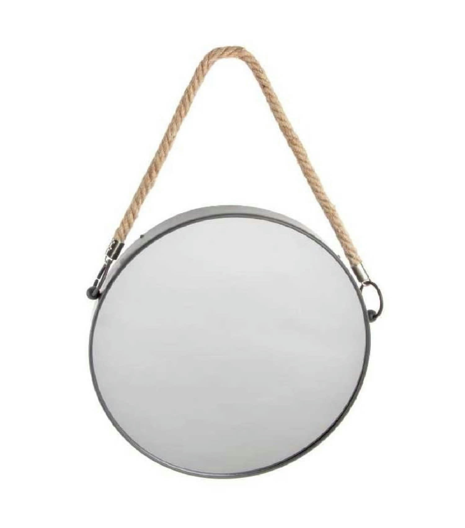 CORDE - Miroir suspendu métal noir rond lanière corde  D31cm