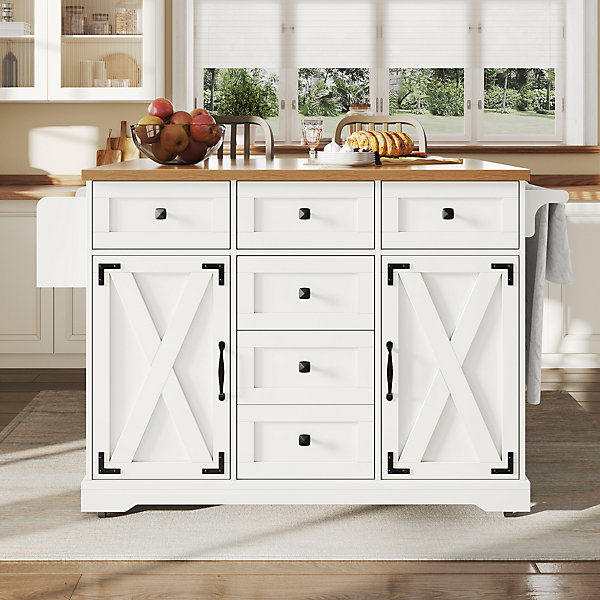 Îlot de Cuisine - desserte de Cuisine Pliable avec Espace Rangement et Plateau Réglable, Métal MDF, Blanc 147x70x93 cm