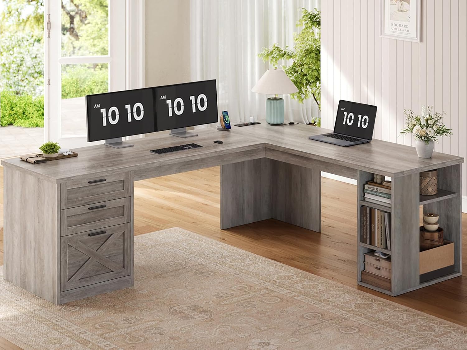 SEDETA Farmhouse 67 L Shaped Desk with 3 Drawers, Executive Desk, Home Office Desks with Storage Shelves, Corner Computer Desk with Power Outlets for Home Office, Grey