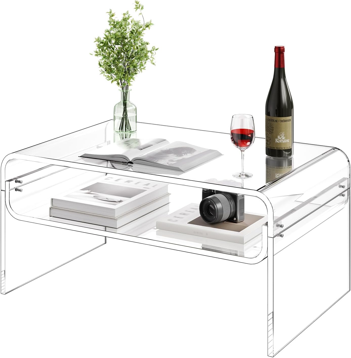 VEVOR Acrylic Coffee Table, Modern Waterfall Center Table with Open Storage Shelf, Clear Rectangle Lucite Desk for Living Room, Office Reception, 31.5 W x 19.7 D x 15 H, Large