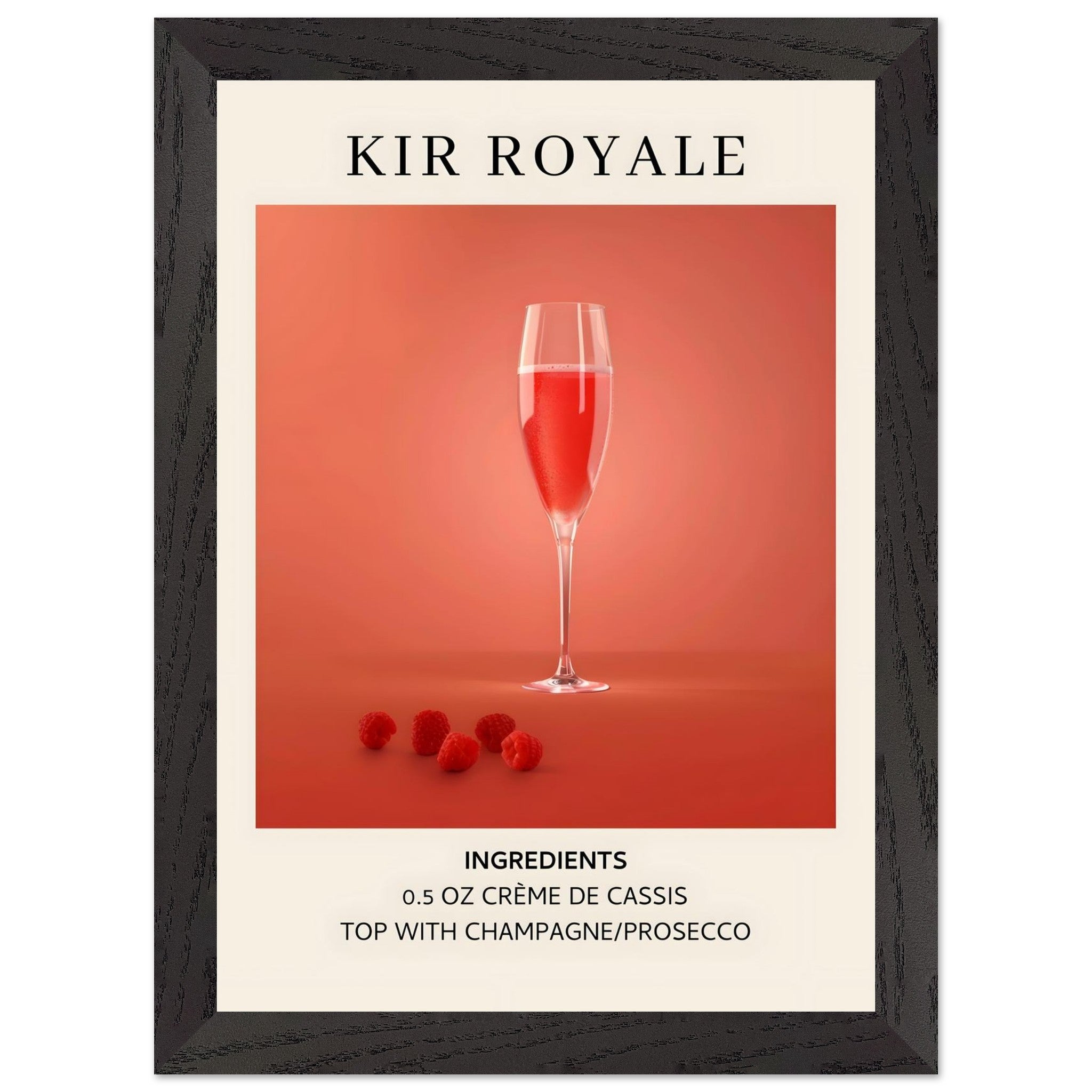 Artfulprints Poster met Lijst Kir Royale cocktail - Ingrediënten  - A4 21x29.7 cm - Rood