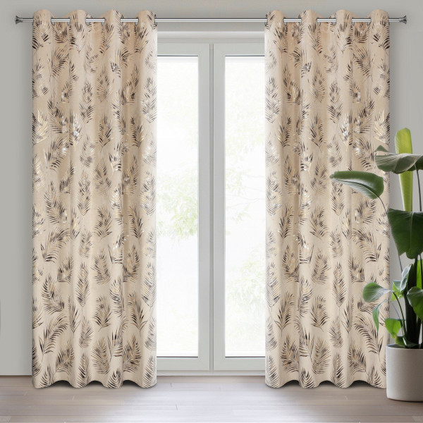 Zasłona GLORIA2 140x250 cm beż welwet liście elegancka na przelotkach