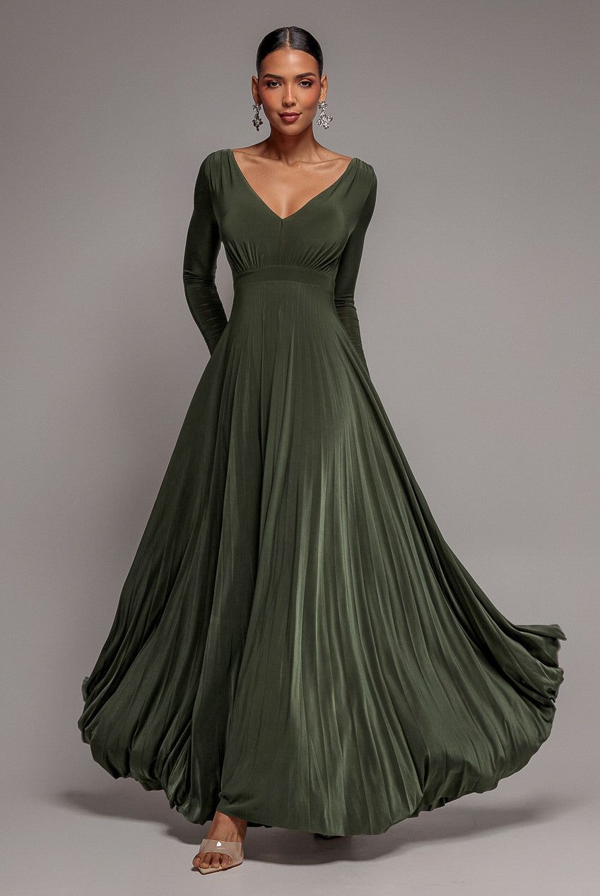 Goddiva Plunge Neck Long Sleeve A Line Maxi Dress
