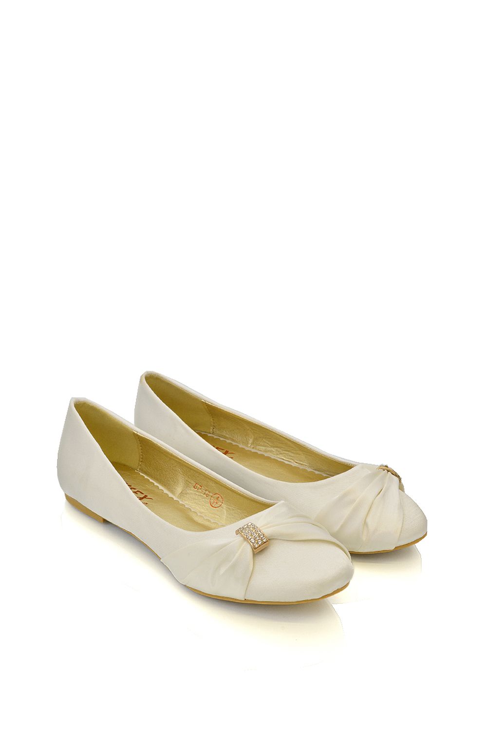 XY London Gabriela' Flat Ruched Diamante Sparkly Brooch Classic Wedding Bridal Ballerina Pumps