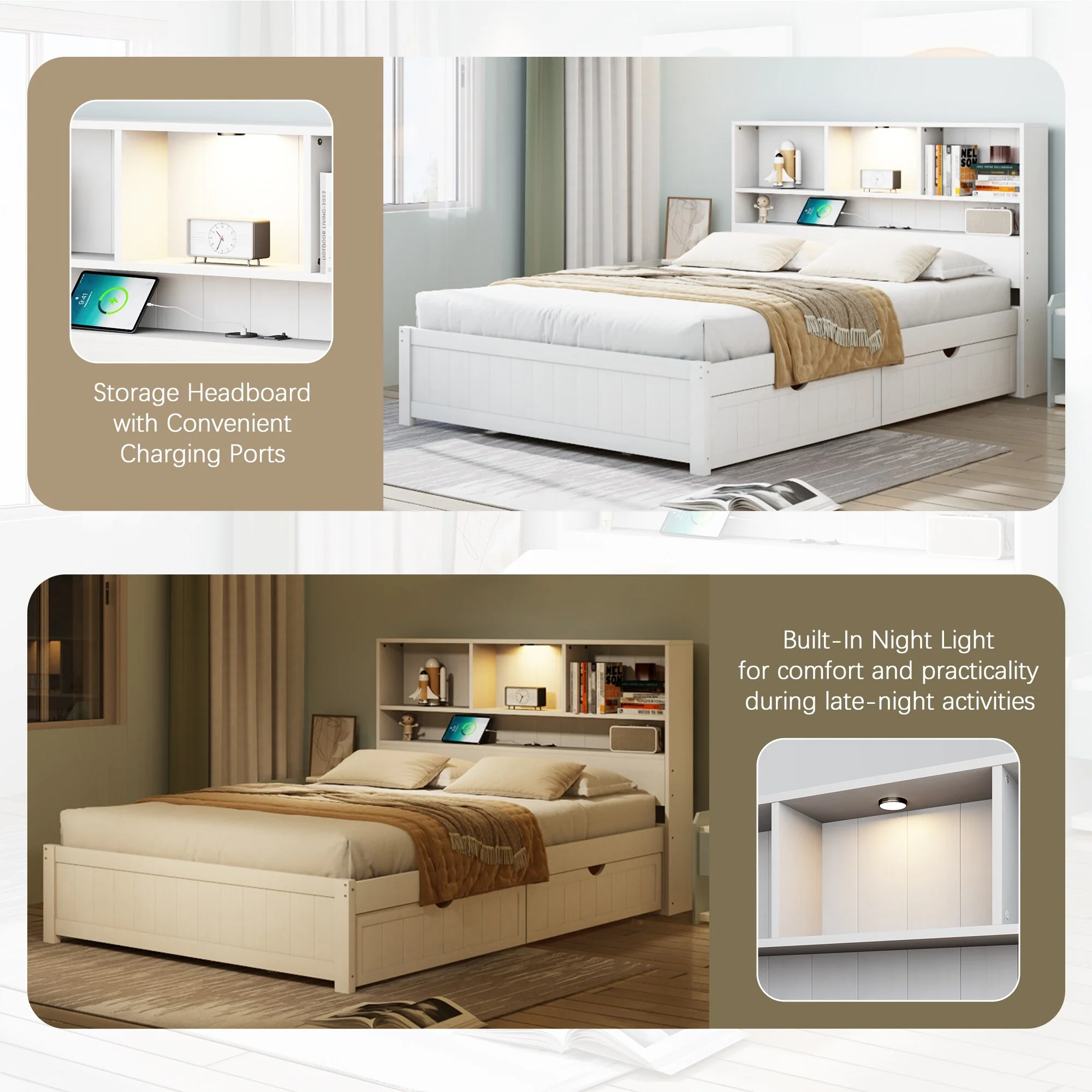 Storage Platform Bed with 2 Underbed Drawers, Wood Captains Bed with Bookcase Headboard Built-in Downlight Charging Station