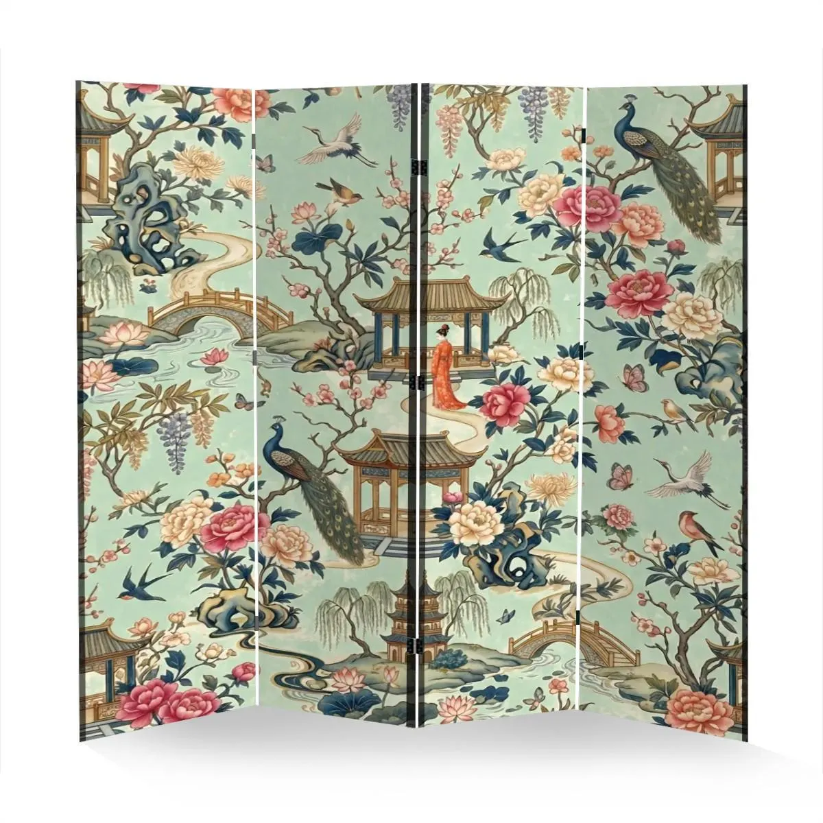 Room Divider Folding Screen Jade Chinoiserie Landscape With Pagodas and Peacocks, Asian Botanical Privacy Screen