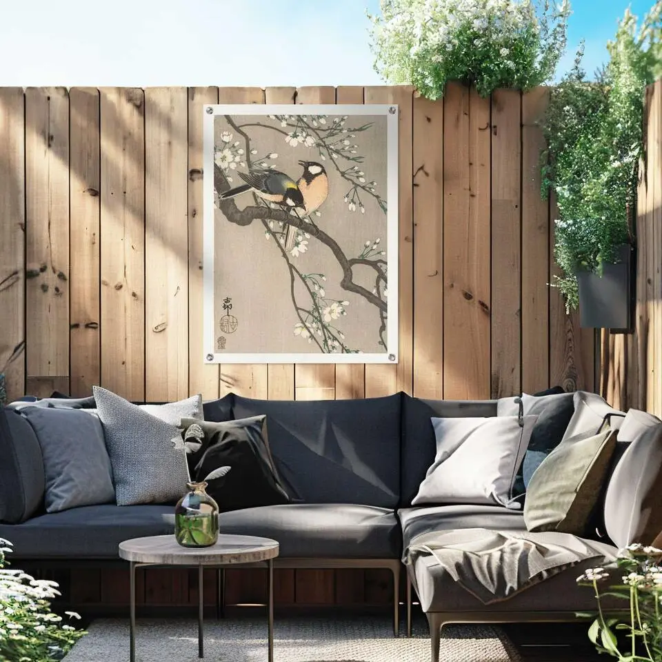 Tuinposter Ohara Koson Koolmezen op bloesemtak - 80 x 60 - Beige