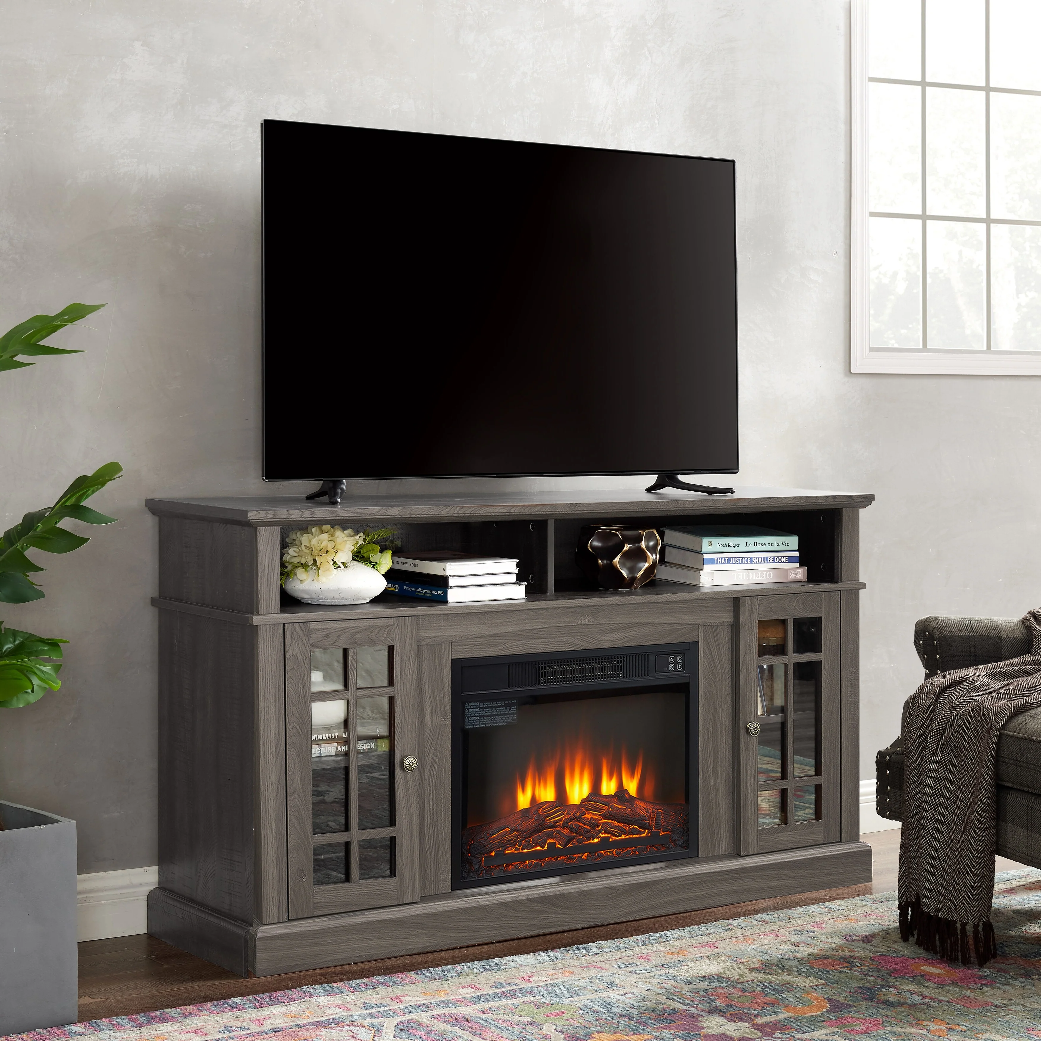 Black + Dark Walnut 58 Fireplace TV Stand with Open & Closed Storage for TVs Up to 65