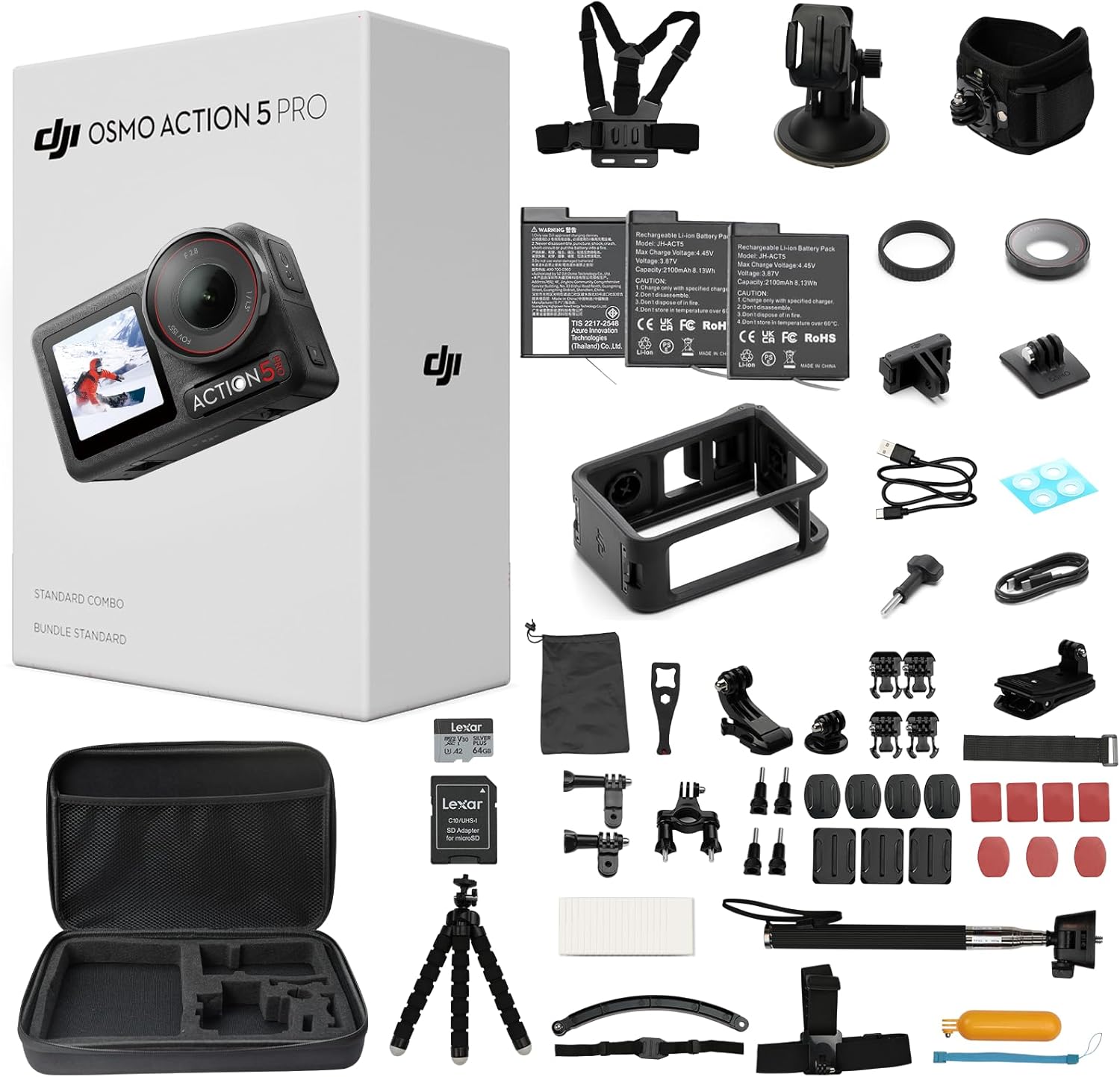 DJI Osmo Action 5 Pro Standard Combo with 58 Piece Accessory Kit and 2 Extra Batteries + 64GB Card - Waterproof Action Camera with 1/1.3 Sensor  4K/120fps Video  Action Camera 4K Ideal for Sports