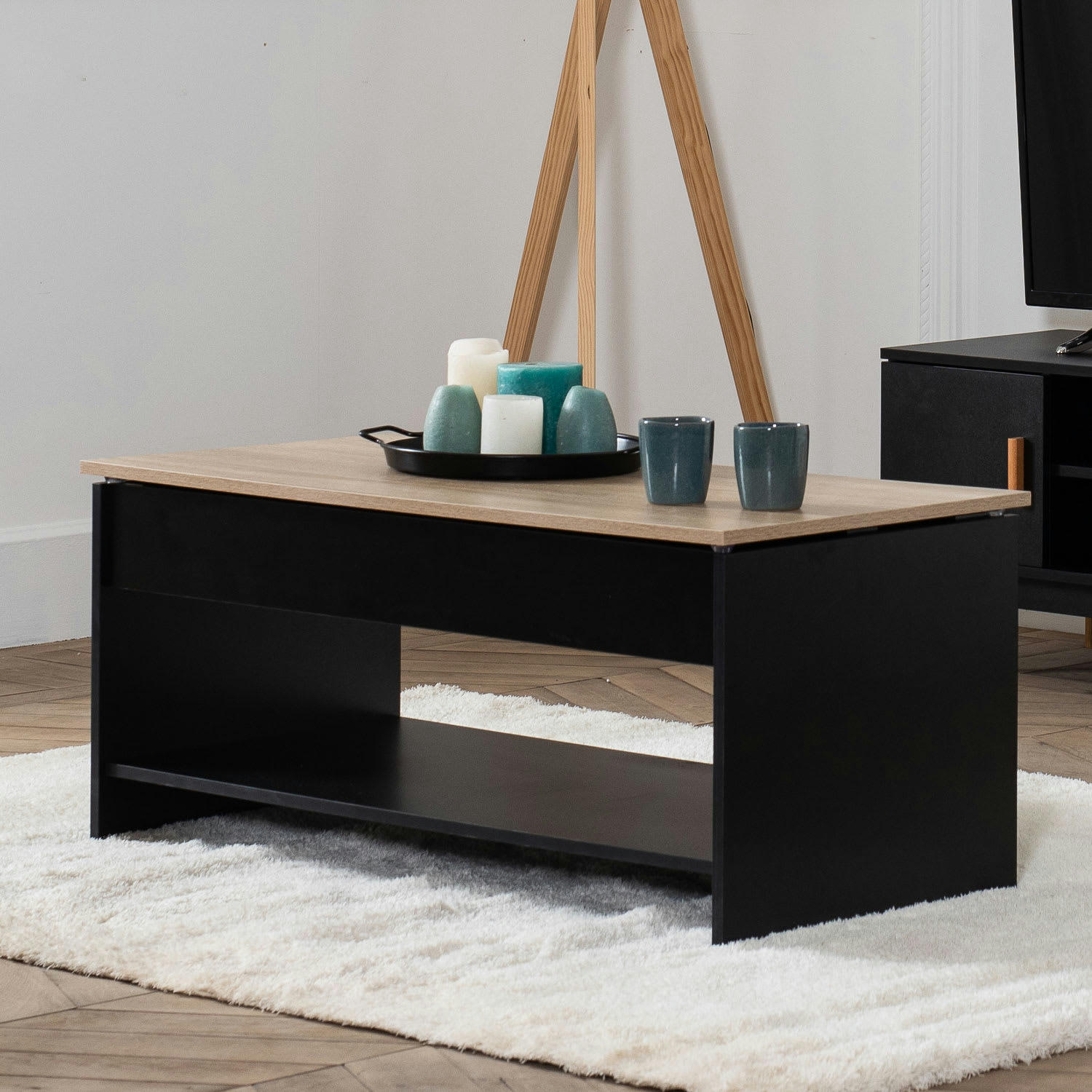 HEDDA - Table basse avec plateau relevable noire et bois